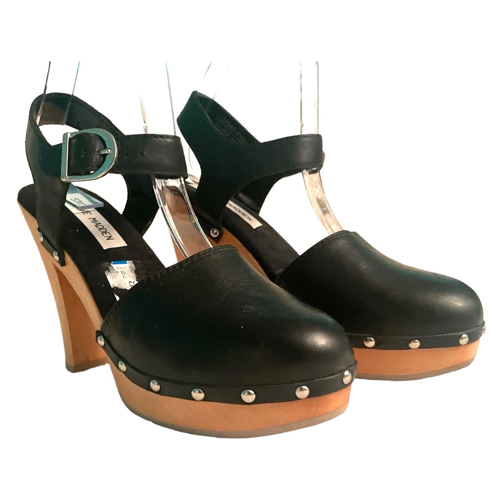 Steve Madden Black Clogs Wooden Heel Shoes Stud Detail